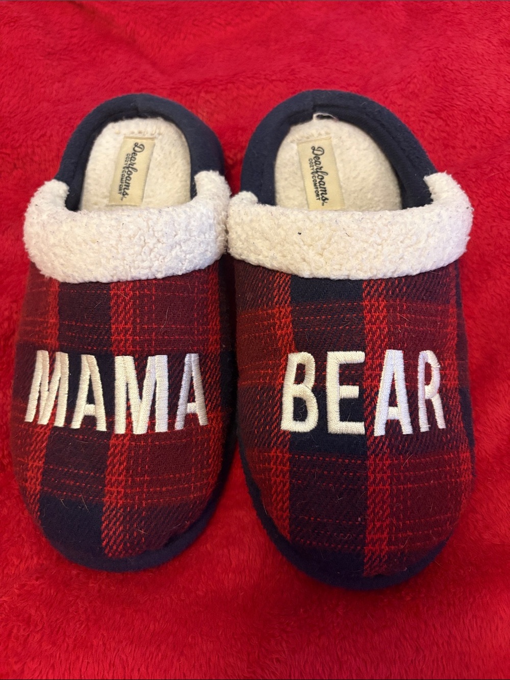 dearfoams Red & Black Plaid "MAMA BEAR" Sherpa Slippers